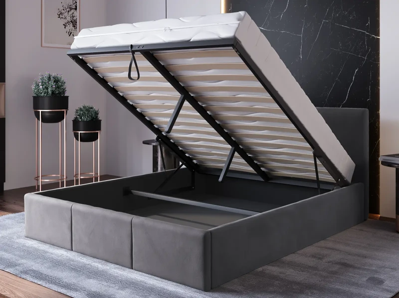 Pat Tapitat cu spatiu de depozitare 160x200 TOP Line 7 Grafit Velvet