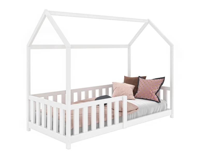 Pat Montessori copii 80x160 cu balustrada si cadru, alb D7