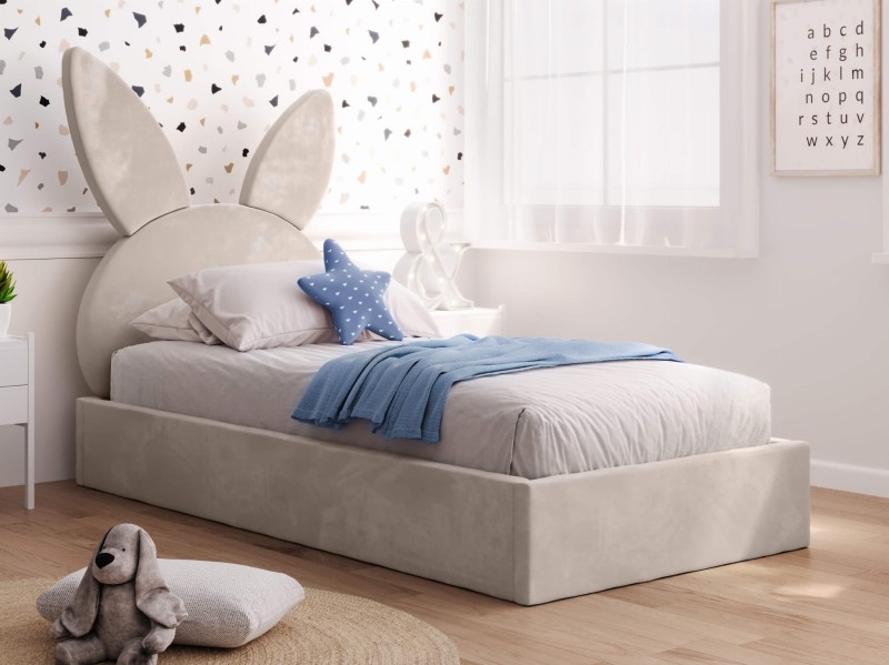 Pat Tapitat cu spatiu de depozitare 90x200 cm cu cadru, bej Velvet Kids Line 2 Rabbit