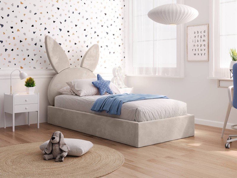 Pat Tapitat cu spatiu de depozitare 90x200 cm cu cadru, bej Velvet Kids Line 2 Rabbit