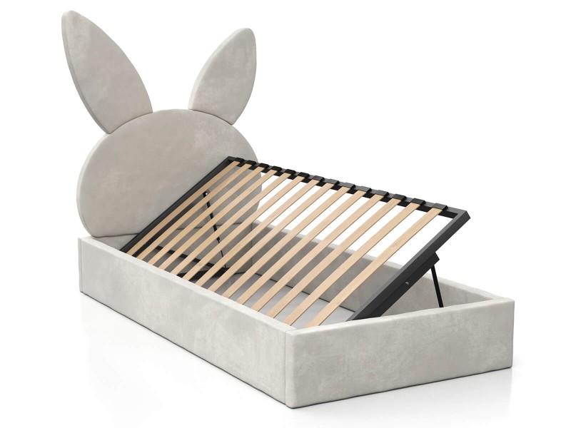 Pat Tapitat cu spatiu de depozitare 90x200 cm cu cadru, gri Velvet Kids Line 2 Rabbit