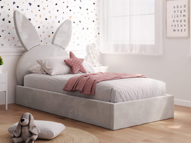 Pat Tapitat cu spatiu de depozitare 90x200 cm cu cadru, gri Velvet Kids Line 2 Rabbit