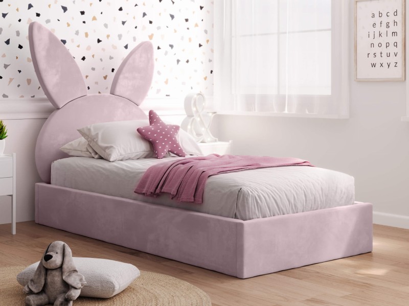 Pat Tapitat cu spatiu de depozitare 90x200 cm cu cadru, roz Velvet Kids Line 2 Rabbit
