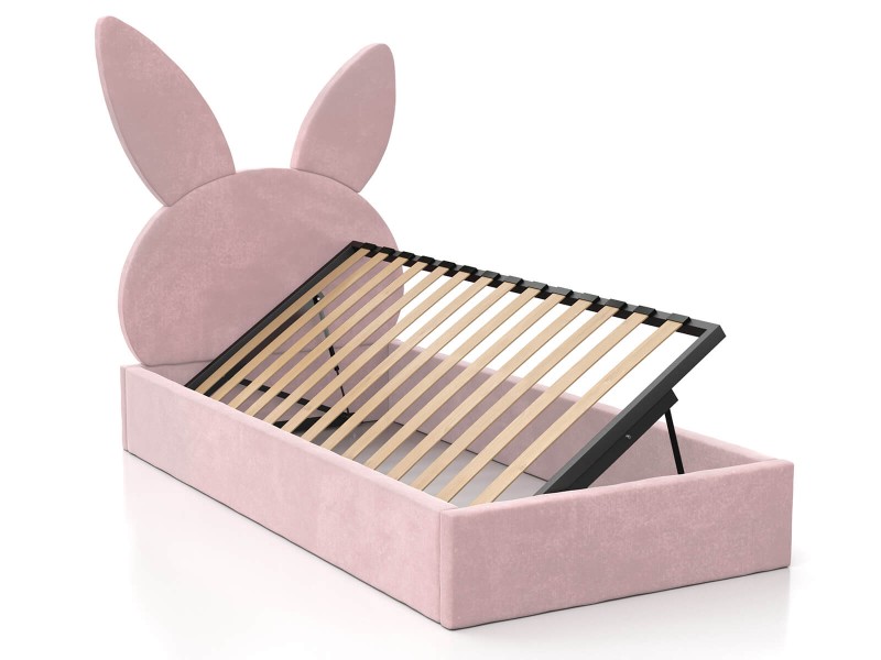 Pat Tapitat cu spatiu de depozitare 90x200 cm cu cadru, roz Velvet Kids Line 2 Rabbit