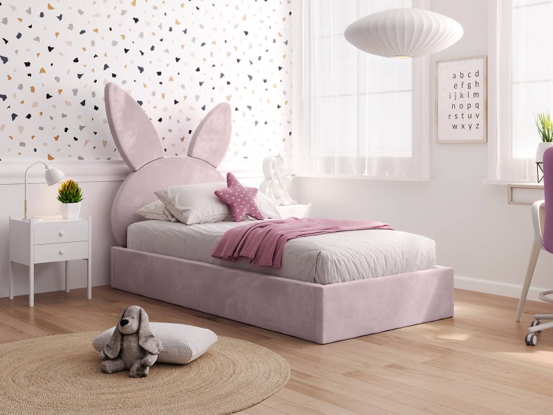Pat Tapitat cu spatiu de depozitare 90x200 cm cu cadru, roz Velvet Kids Line 2 Rabbit