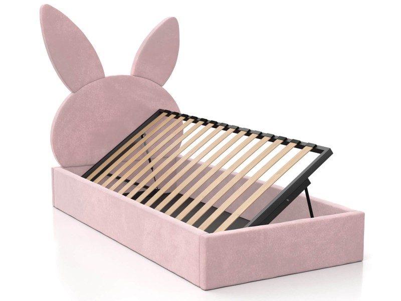 Pat Tapitat cu spatiu de depozitare 90x200 cm cu cadru, roz Velvet Kids Line 2 Rabbit
