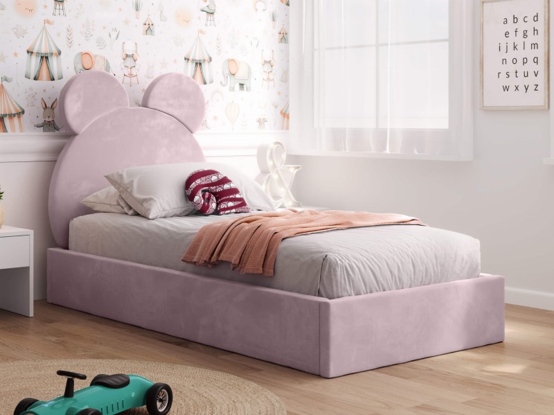 Pat Tapitat cu spatiu de depozitare 90x200 cm cu cadru, roz Velvet Kids Line 1 Urs