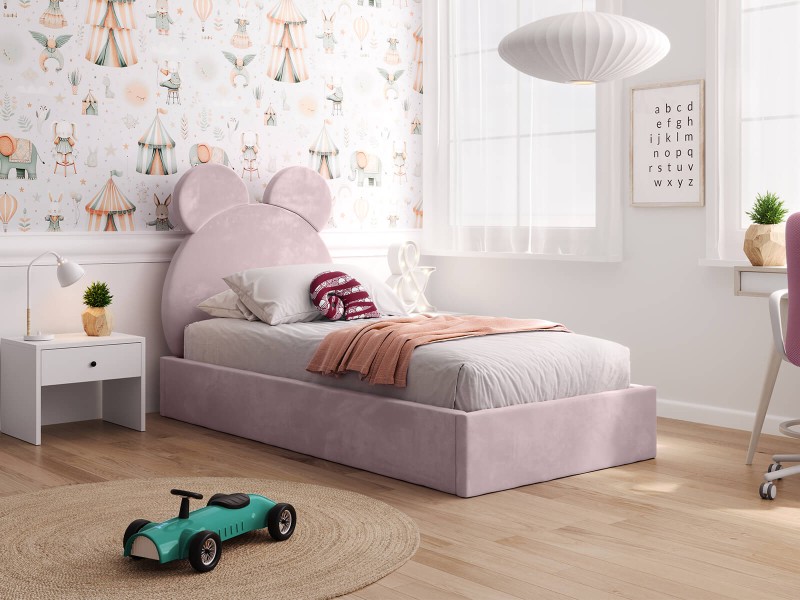 Pat Tapitat cu spatiu de depozitare 90x200 cm cu cadru, roz Velvet Kids Line 1 Urs