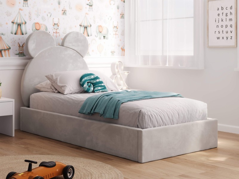 Pat Tapitat cu spatiu de depozitare 90x200 cm cu cadru, gri Velvet Kids Line 1 Urs