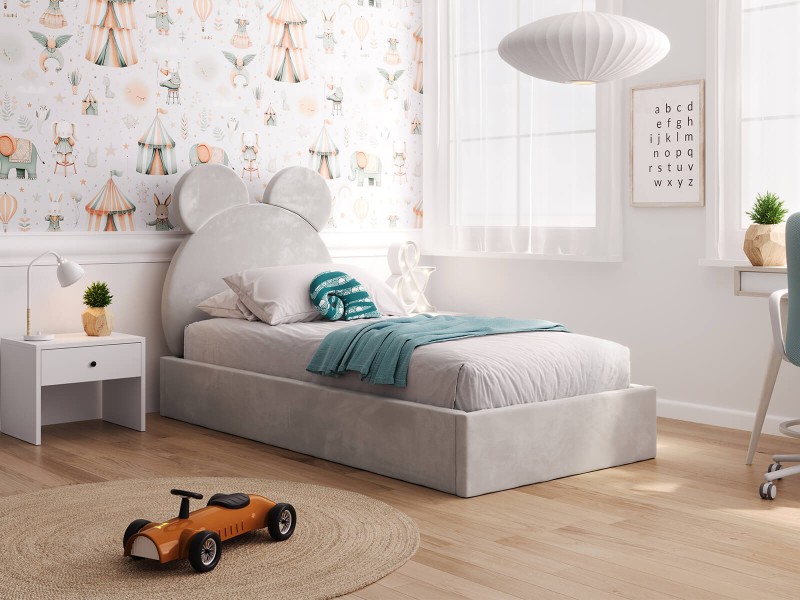 Pat Tapitat cu spatiu de depozitare 90x200 cm cu cadru, gri Velvet Kids Line 1 Urs