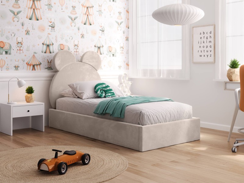 Pat Tapitat cu spatiu de depozitare 90x200 cm cu cadru, bej Velvet Kids Line 1 Urs