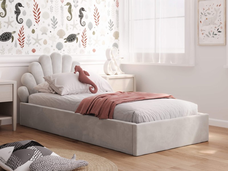 Pat Tapitat cu spatiu de depozitare 90x200 cm cu cadru, gri Velvet Kids Line 3 Scoica