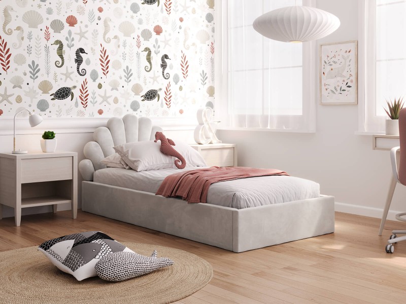 Pat Tapitat cu spatiu de depozitare 90x200 cm cu cadru, gri Velvet Kids Line 3 Scoica