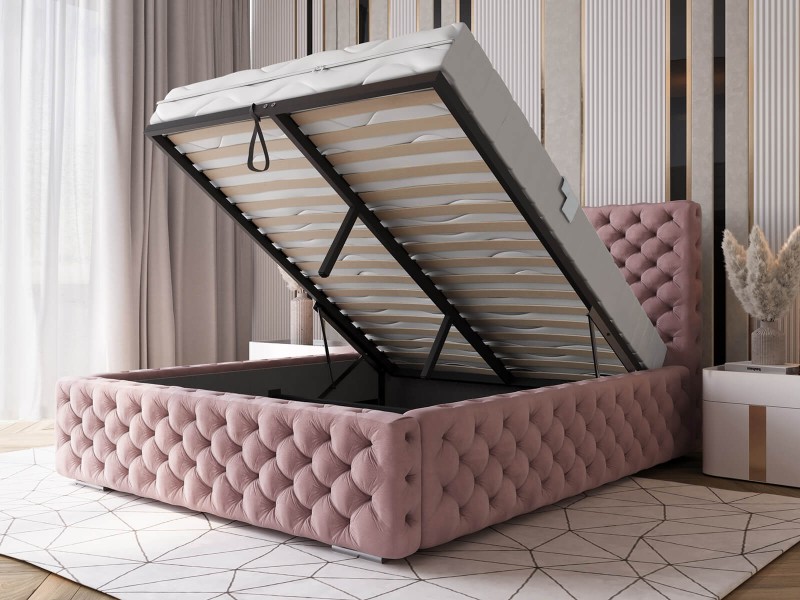 Pat tapitat cu spatiu de depozitare 180x200 PRO line 15 Roz Velvet