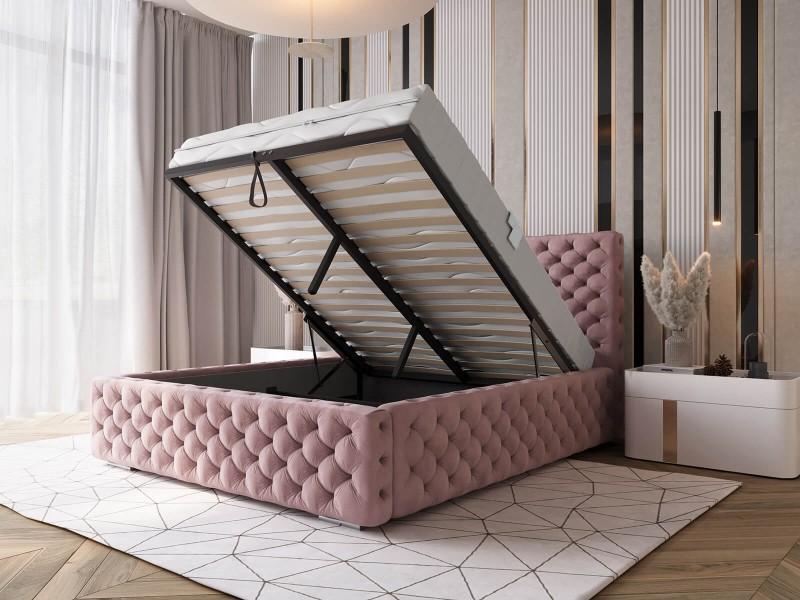 Pat tapitat cu spatiu de depozitare 180x200 PRO line 15 Roz Velvet