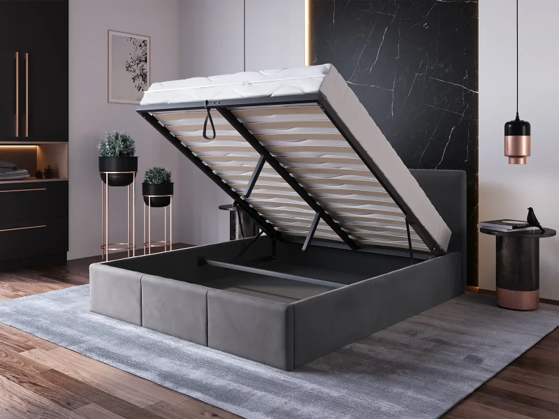 Pat Tapitat cu spatiu de depozitare 120x200 TOP Line 7 Grafit Velvet