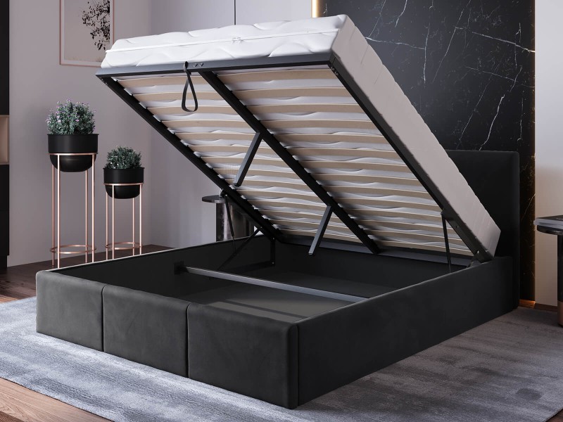 Pat Tapitat cu spatiu de depozitare 140x200 TOP Line 7 Negru Velvet