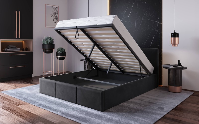 Pat Tapitat cu spatiu de depozitare 180x200 TOP Line 7 Negru Velvet