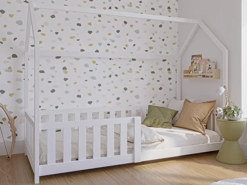 Pat Montessori copii 80x160 cu balustrada si cadru, alb D7
