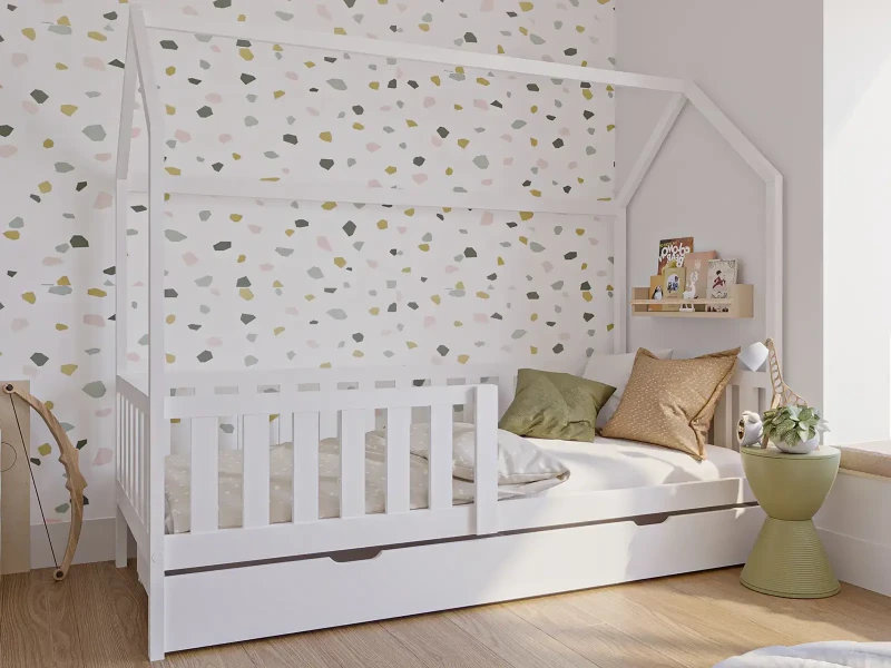 Pat Montessori copii 80x160 cu sertar si cadru, alb D7s