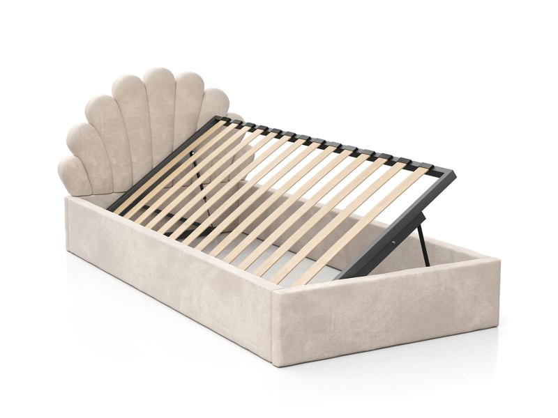 Pat Tapitat cu spatiu de depozitare 90x200 cm cu cadru, bej Velvet Kids Line 3 Scoica