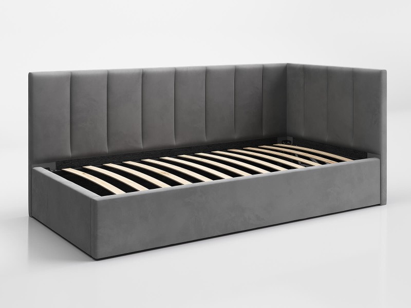 Canapea de o persoană tapițată 90x200 cu ladă de depozitare și somieră Tom, Grafit Velvet