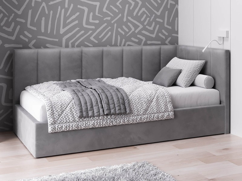 Canapea de o persoană tapițată 90x200 cu ladă de depozitare și somieră Tom, Grafit Velvet