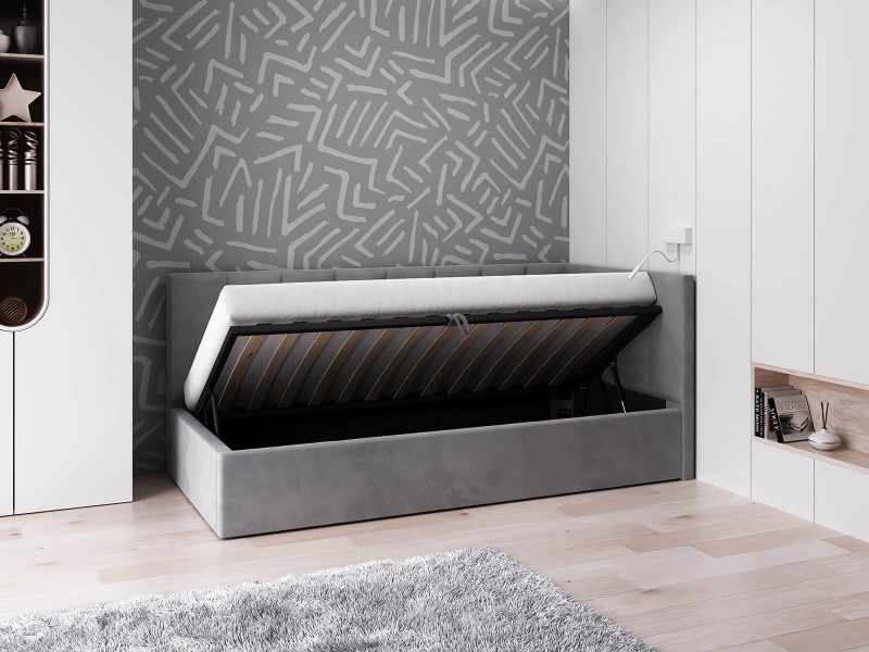 Canapea de o persoană tapițată 90x200 cu ladă de depozitare și somieră Tom, Grafit Velvet