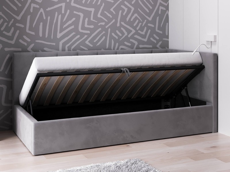 Canapea de o persoană tapițată 90x200 cu ladă de depozitare și somieră Tom, Grafit Velvet