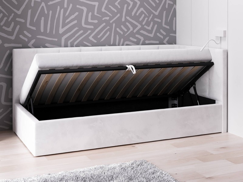 Canapea de o persoană tapițată 90x200 cu ladă de depozitare și somieră Tom, Gri Velvet