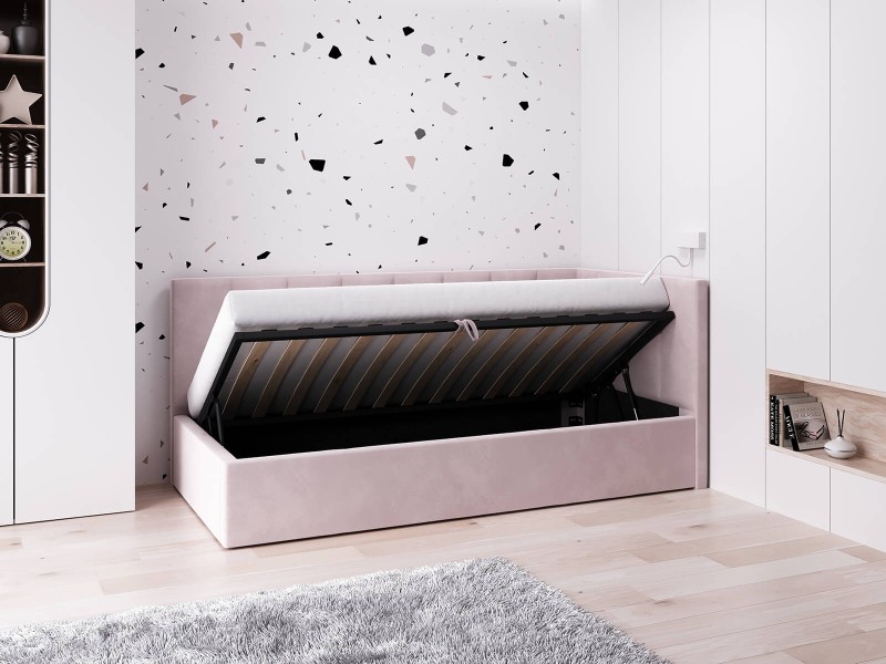 Canapea de o persoană tapițată 90x200 cu ladă de depozitare și somieră Tom, Roz Velvet