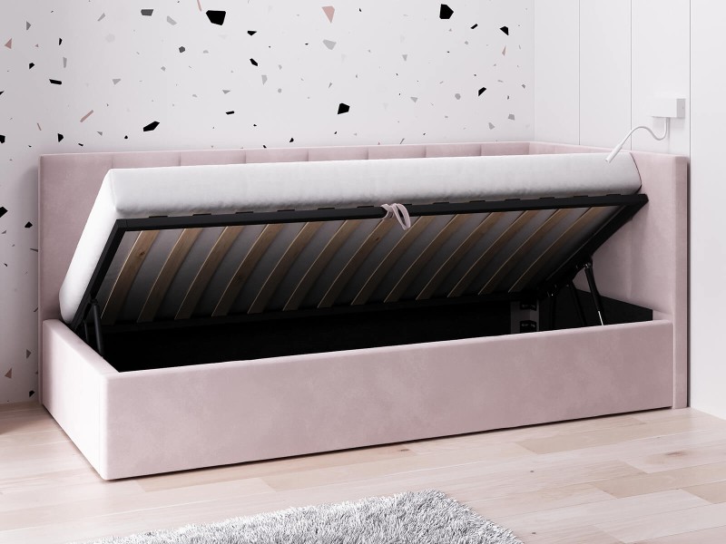 Canapea de o persoană tapițată 90x200 cu ladă de depozitare și somieră Tom, Roz Velvet