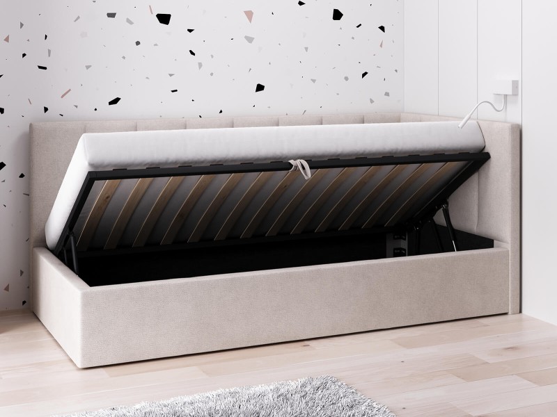 Canapea de o persoană tapițată 90x200 cu ladă de depozitare și somieră Tom, Bej Soro 21