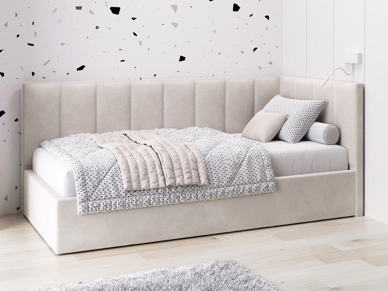 Canapea de o persoană tapițată 90x200 cu ladă de depozitare și somieră Tom, Bej Velvet