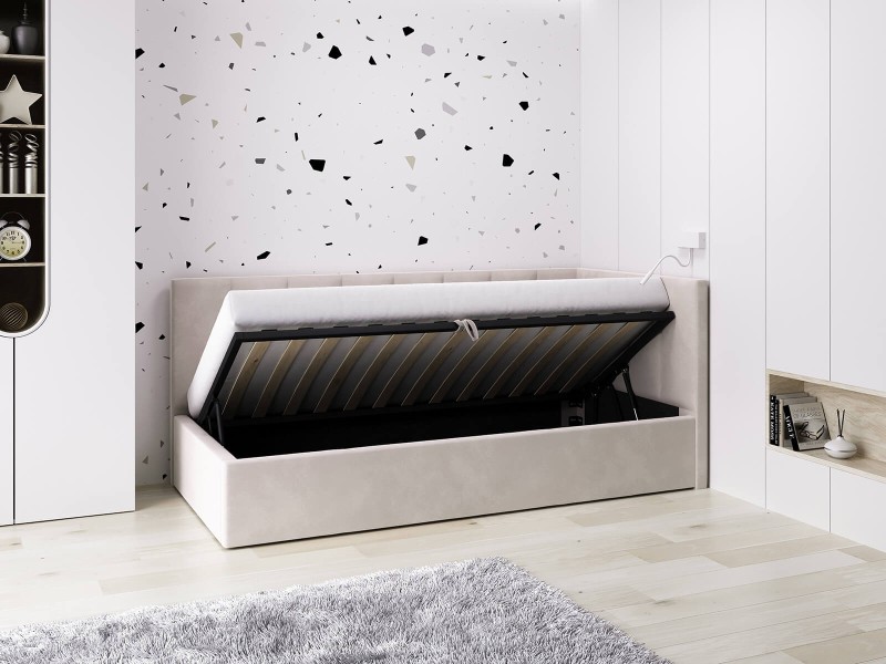 Canapea de o persoană tapițată 90x200 cu ladă de depozitare și somieră Tom, Bej Velvet