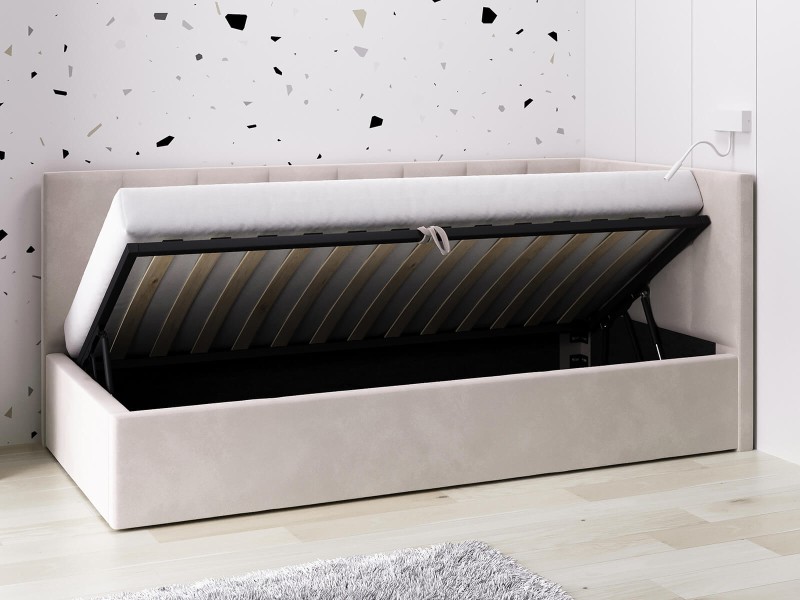 Canapea de o persoană tapițată 90x200 cu ladă de depozitare și somieră Tom, Bej Velvet