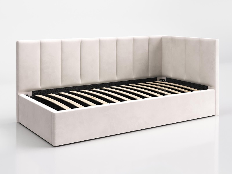 Canapea de o persoană tapițată 90x200 cu ladă de depozitare și somieră Tom, Bej Velvet