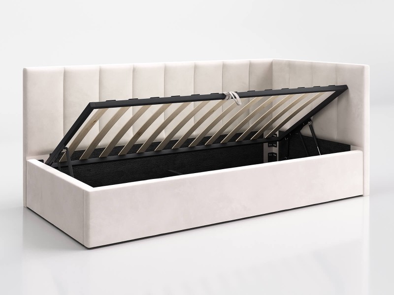 Canapea de o persoană tapițată 90x200 cu ladă de depozitare și somieră Tom, Bej Velvet
