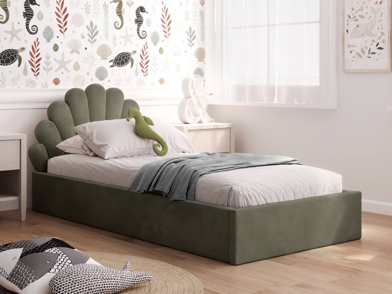 Pat Tapitat cu spatiu de depozitare 90x200 cm cu cadru, masliniu Velvet  Kids Line 3 Scoica