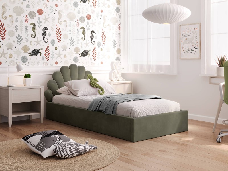 Pat Tapitat cu spatiu de depozitare 90x200 cm cu cadru, masliniu Velvet  Kids Line 3 Scoica
