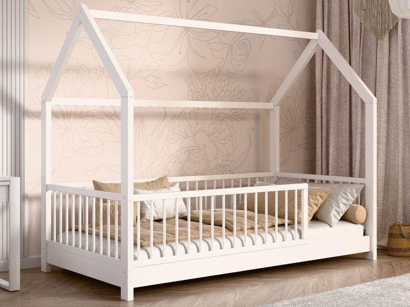 Pat Montessori copii 80x160 cu balustrada si cadru, alb D9