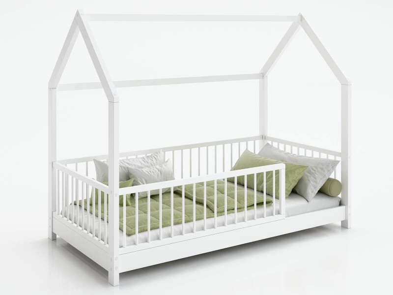 Pat Montessori copii 80x160 cu balustrada si cadru, alb D9