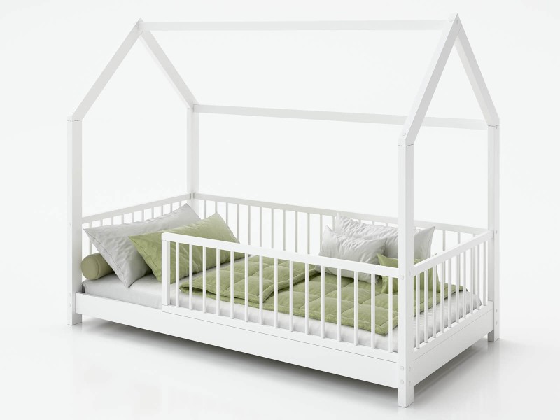Pat Montessori copii 80x160 cu balustrada si cadru, alb D9