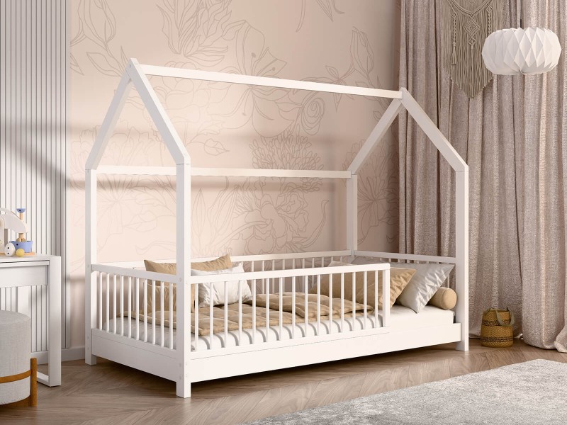Pat Montessori copii 80x160 cu balustrada si cadru, alb D9