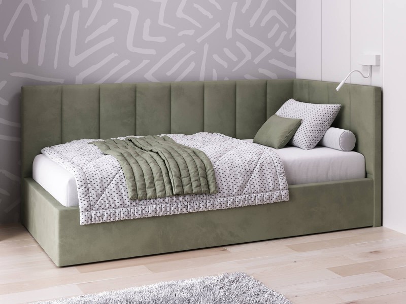 Canapea de o persoană tapițată 90x200 cu ladă de depozitare și somieră Tom, Masliniu Velvet