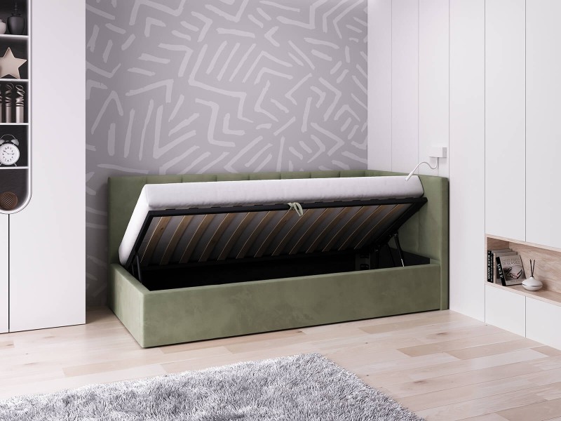 Canapea de o persoană tapițată 90x200 cu ladă de depozitare și somieră Tom, Masliniu Velvet