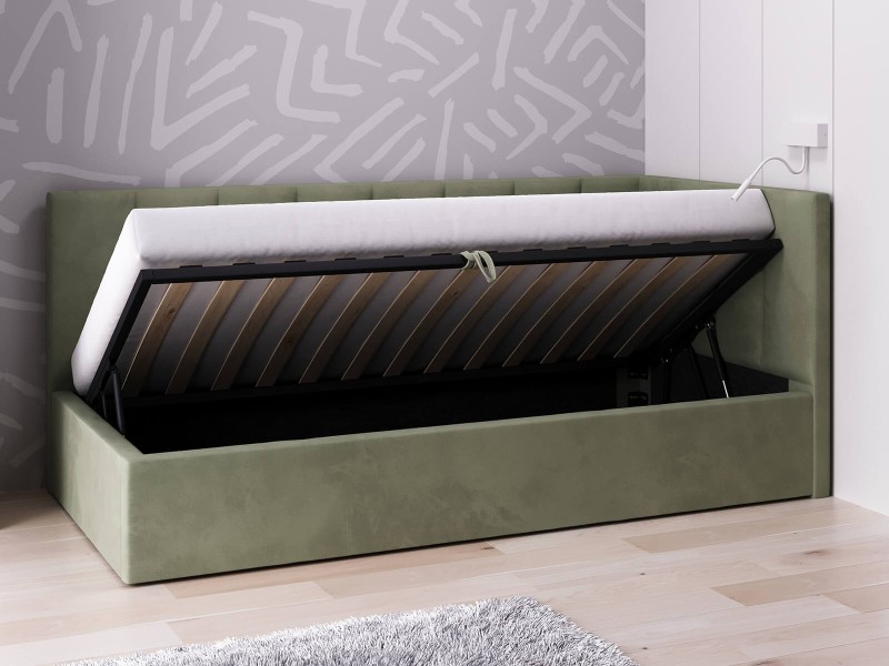 Canapea de o persoană tapițată 90x200 cu ladă de depozitare și somieră Tom, Masliniu Velvet