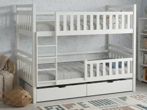 Pat supraetajat din lemn 90x200 cu sertare P4S alb