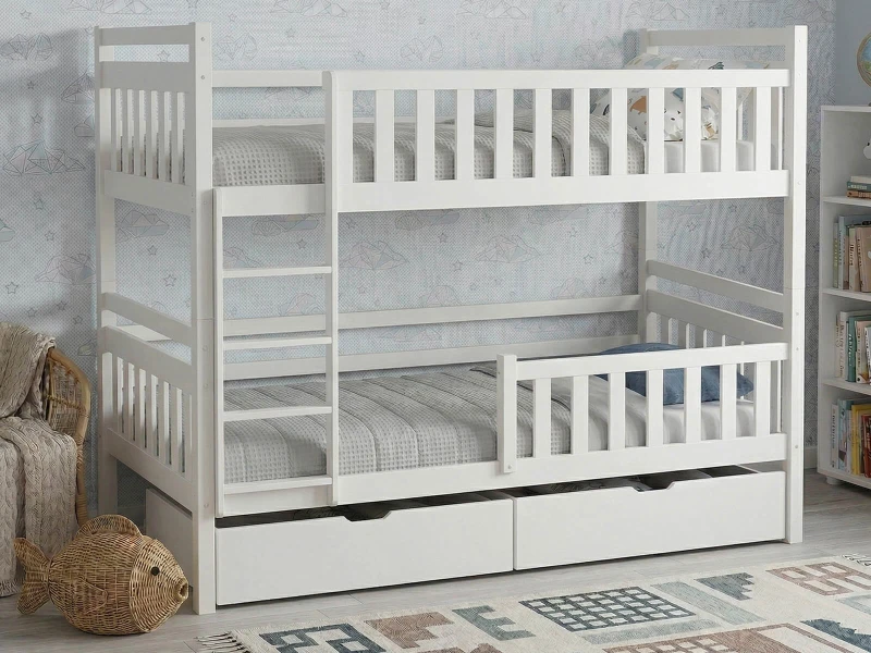 Pat supraetajat din lemn 90x200 cu sertare P4S alb