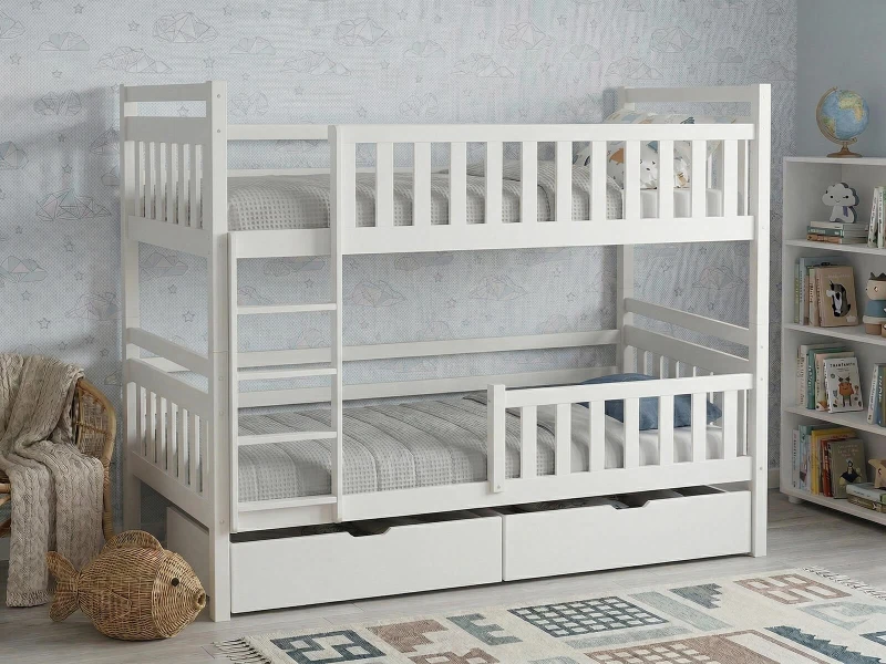 Pat supraetajat din lemn 90x200 cu sertare P4S alb